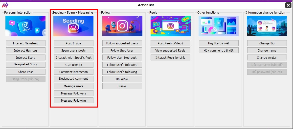 MaxInstaChrome การใช้งาน ฟังก์ชัน - Seeding - Spam - Messaging