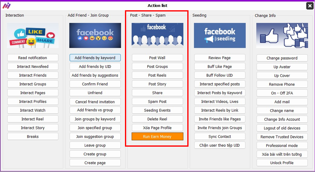 MaxPhoneFarm การใช้งาน ฟังก์ชัน Post  - Share - Spam